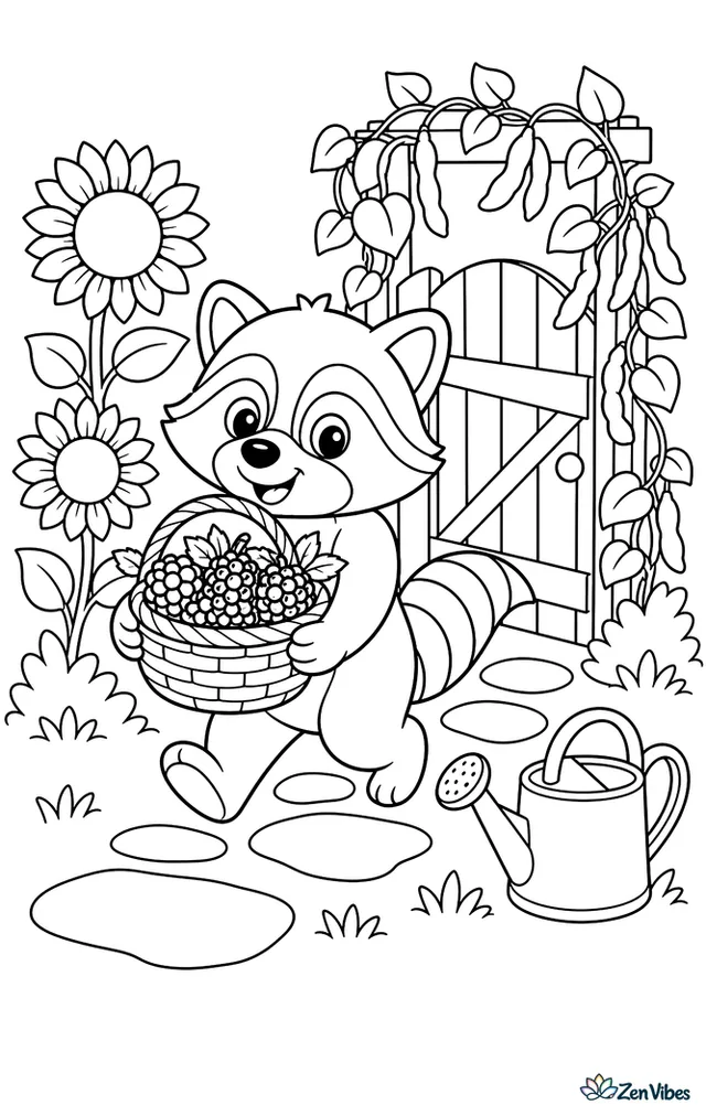 A raccoon carries a basket of blackberries along a garden path, passing sunflowers, stepping stones, a watering can, and a wooden gate covered with climbing beans.