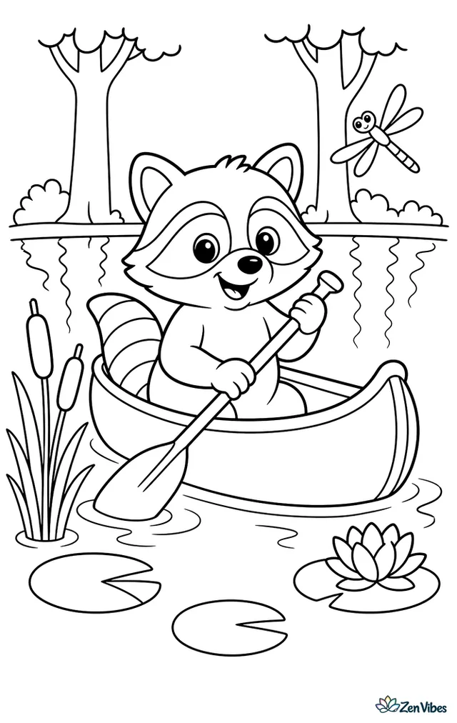 A raccoon rides in a small canoe on a calm pond, floating past lily pads, reeds, a dragonfly, and distant tree trunks reflected in the water.