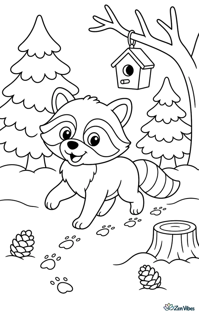 A raccoon trots through fresh snow, leaving neat footprints between pine trees, a tree stump, scattered pinecones, and a birdhouse hanging from a bare branch.