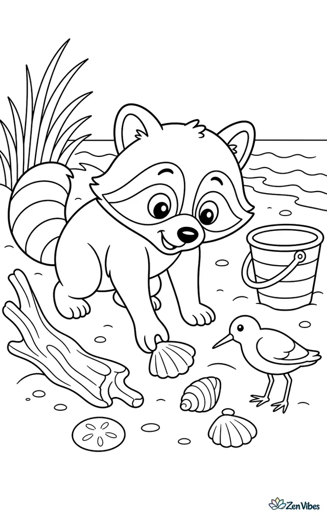 A raccoon searches a sandy beach for shells near driftwood, dune grass, gentle waves, and a striped bucket, while a sandpiper stands nearby.