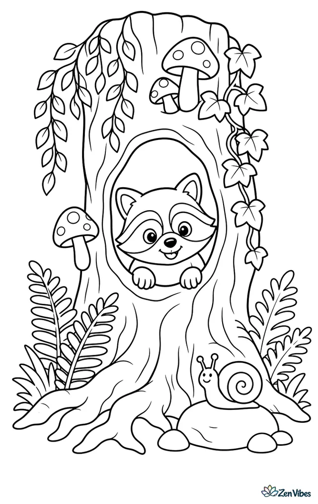 A raccoon peeks from a tree hollow decorated with mushrooms, ivy, and hanging leaves, with roots below, a snail on a stone, and ferns around the trunk.