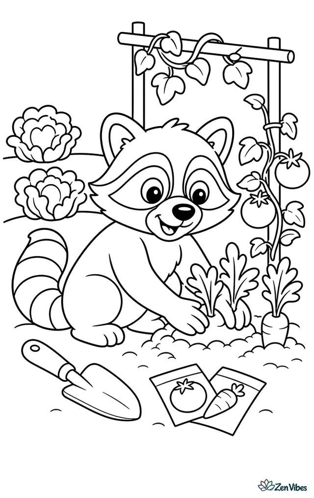 A raccoon pats soil around carrot tops in a vegetable garden, beside a trowel, seed packets, tomato stakes, and rows of lettuce under a simple trellis.