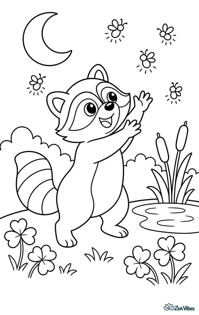 A raccoon stands on hind legs at dusk, reaching for glowing fireflies above clover, a small pond, cattails, and a crescent moon over distant bushes.