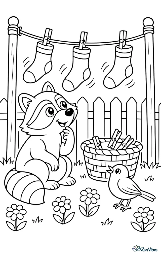 A raccoon watches socks flutter on a backyard clothesline, with a wicker basket, clothespins, daisies, a wooden fence, and a curious robin on the grass.
