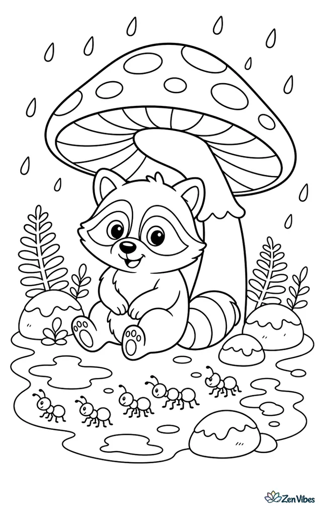 A raccoon shelters beneath a giant mushroom during a light rain, surrounded by puddles, mossy stones, tiny ferns, and a line of ants crossing the forest floor.