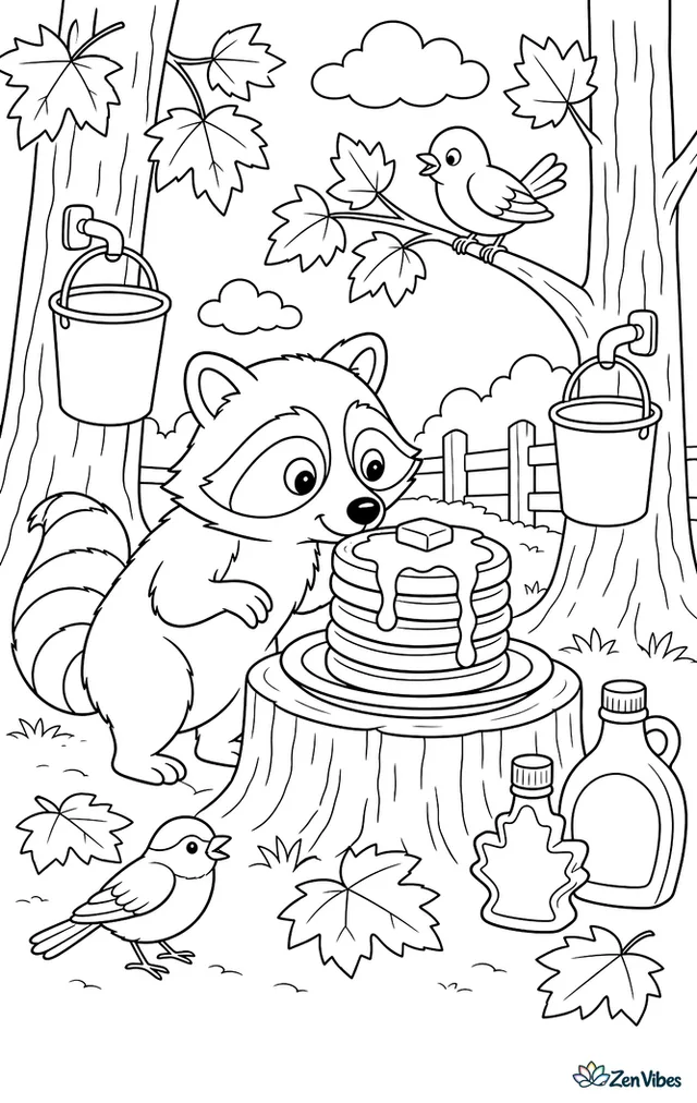 A raccoon stands near sap buckets hanging from maple trees, sniffing a stack of pancakes on a stump table, with syrup bottles, leaves, and morning birds nearby.