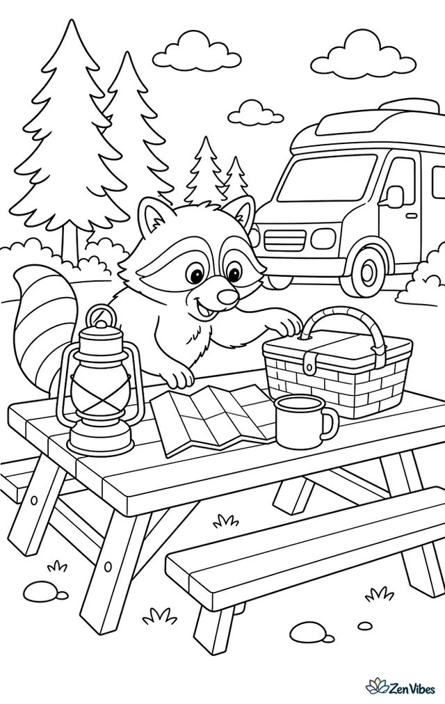 A raccoon investigates a picnic table at a campground, where a lantern, folded map, enamel mug, and basket sit beneath tall pines beside a parked camper van.