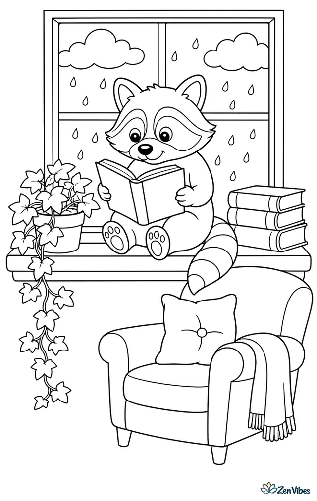 A raccoon perches on a library windowsill reading an open book, with stacked novels, a potted ivy plant, rain outside the glass, and a cozy armchair below.