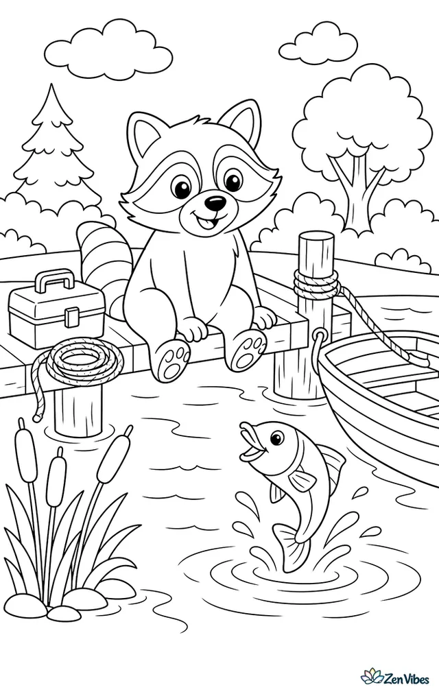 A raccoon sits on a wooden dock dangling paws over the lake, beside a tackle box, coiled rope, cattails, jumping fish, and a rowboat tied to a post.