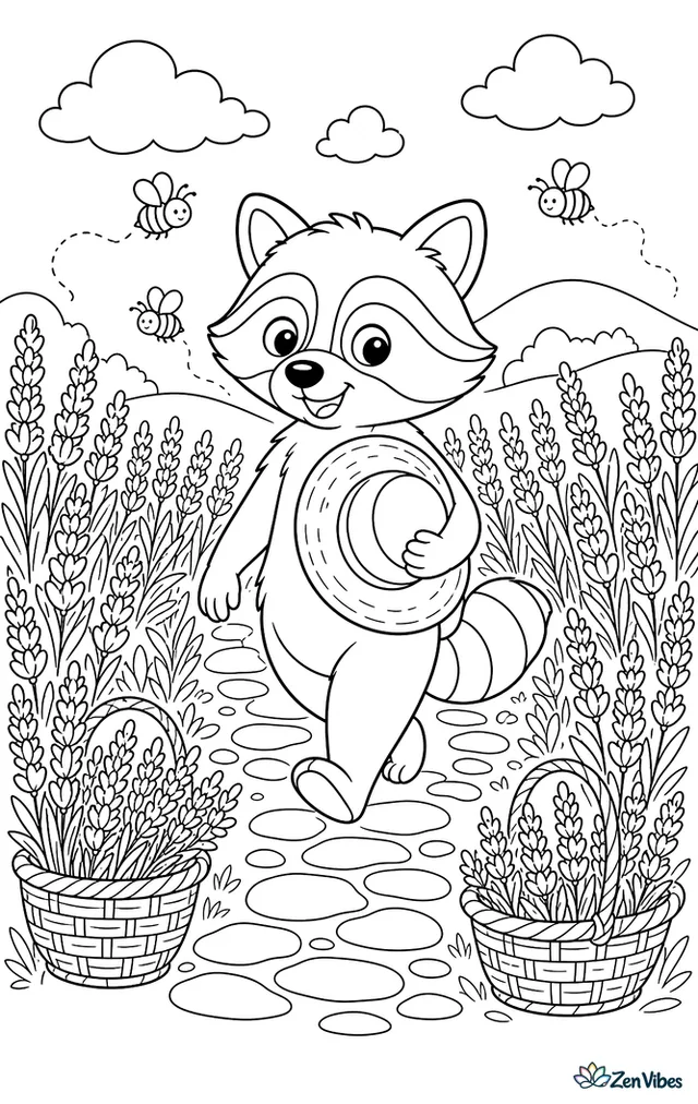 A raccoon strolls between rows of blooming lavender, carrying a straw hat past buzzing bees, wicker baskets, a stone path, and distant rolling hills.