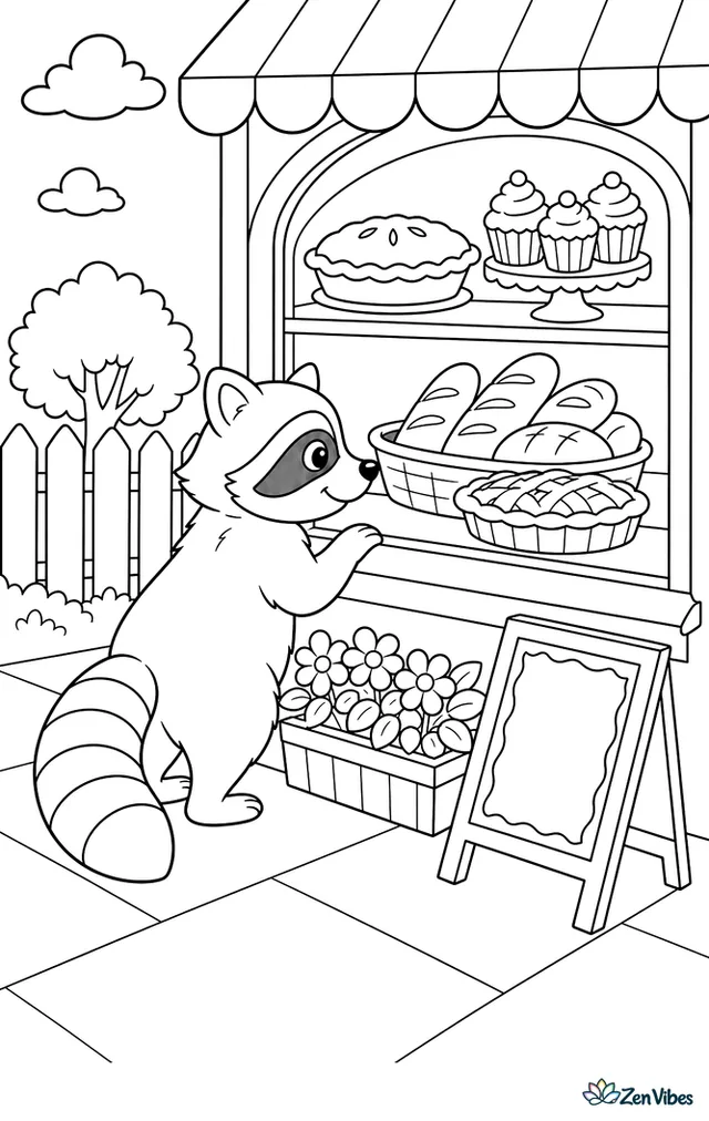 A raccoon stands on a sidewalk peering into a bakery window filled with pies, cupcakes, bread loaves, and a chalkboard sign beside flower boxes.
