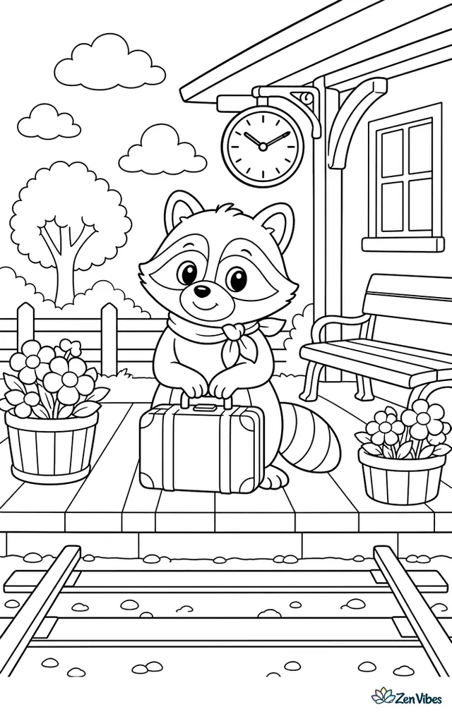 A raccoon waits on a small country train platform with a suitcase, under a clock and bench, while flower planters, tracks, and a station sign frame the scene.