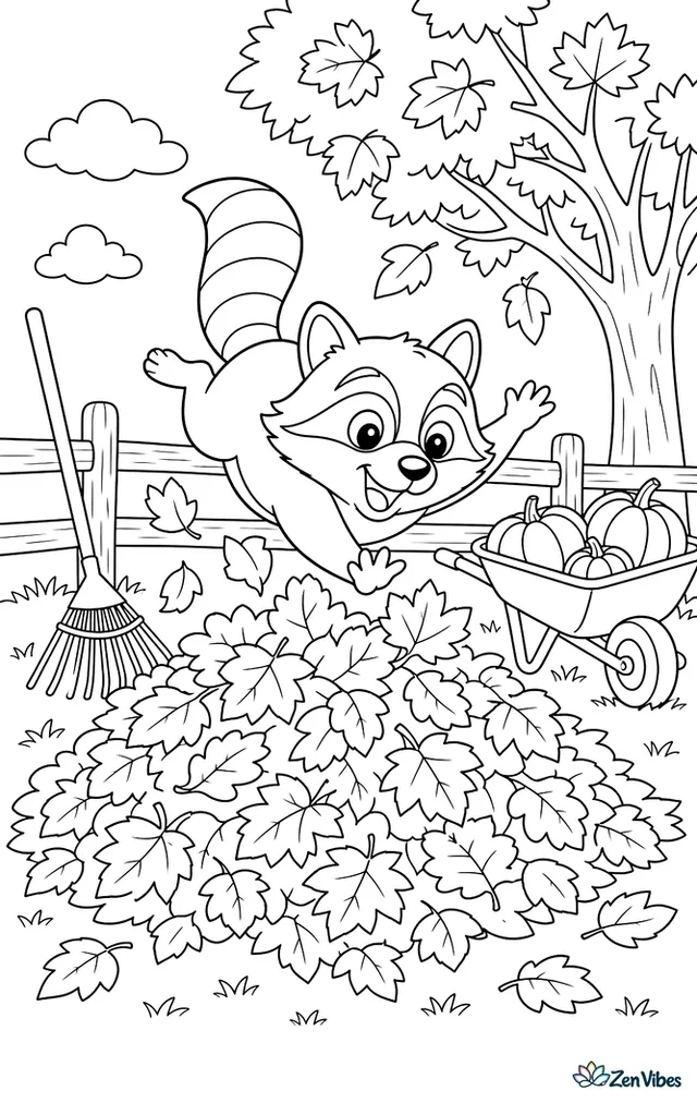 A raccoon leaps into a huge pile of autumn leaves in a backyard, with a rake, wheelbarrow, split-rail fence, pumpkins, and a maple tree overhead.
