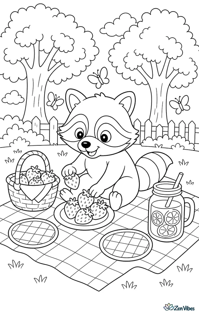 A raccoon arranges strawberries on a picnic blanket in a park, near a basket, lemonade jar, checkered plates, shady elm trees, and butterflies over the grass.