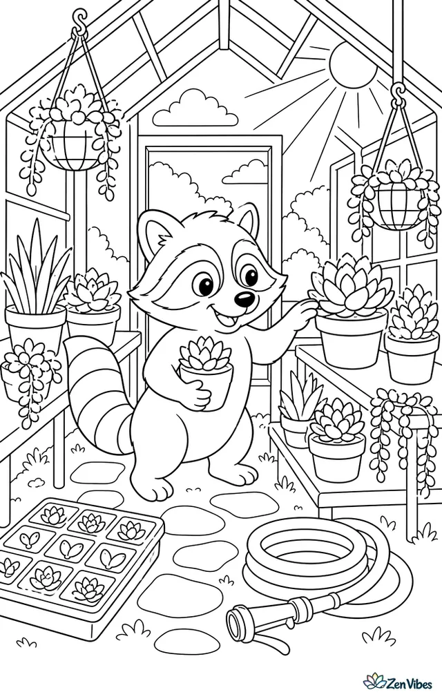 A raccoon explores a greenhouse aisle lined with potted succulents, hanging baskets, seed trays, a watering hose, and sunbeams shining through glass panels.