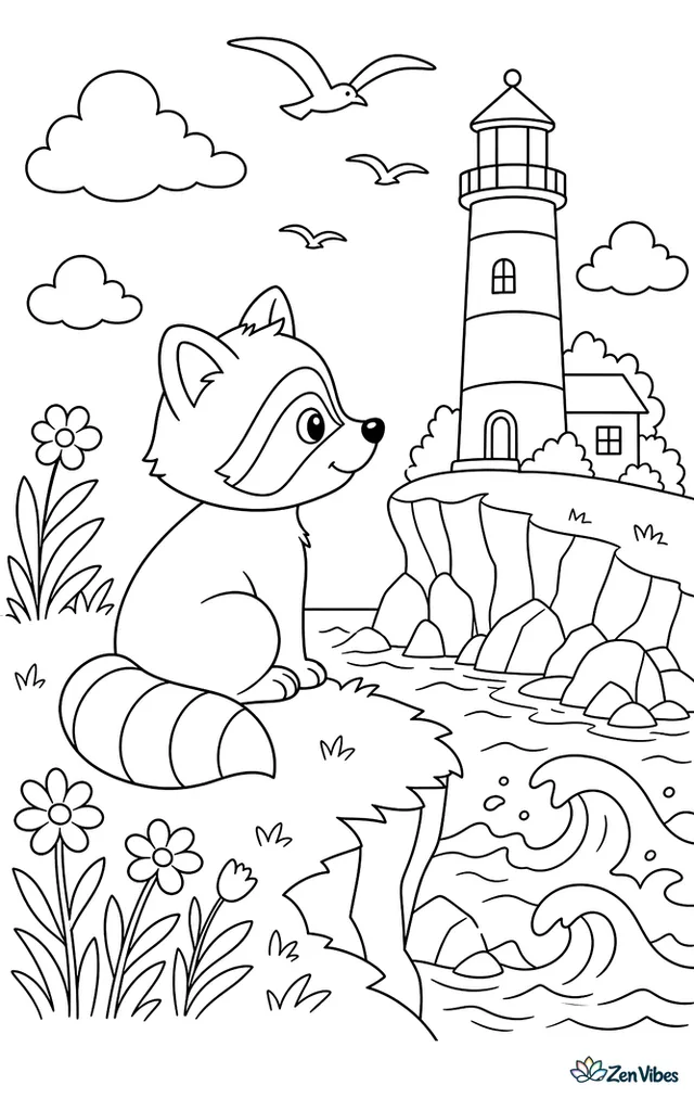 A raccoon sits on a grassy cliff watching a lighthouse by the sea, with gulls overhead, wildflowers, rocky ledges, and waves curling around the shore below.