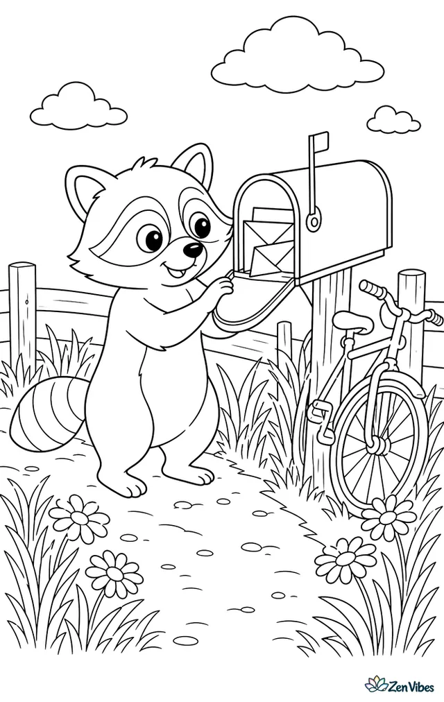 A raccoon stands on a country lane opening a red mailbox, with envelopes inside, a fence, tall grass, daisies, and a bicycle leaning against a post.
