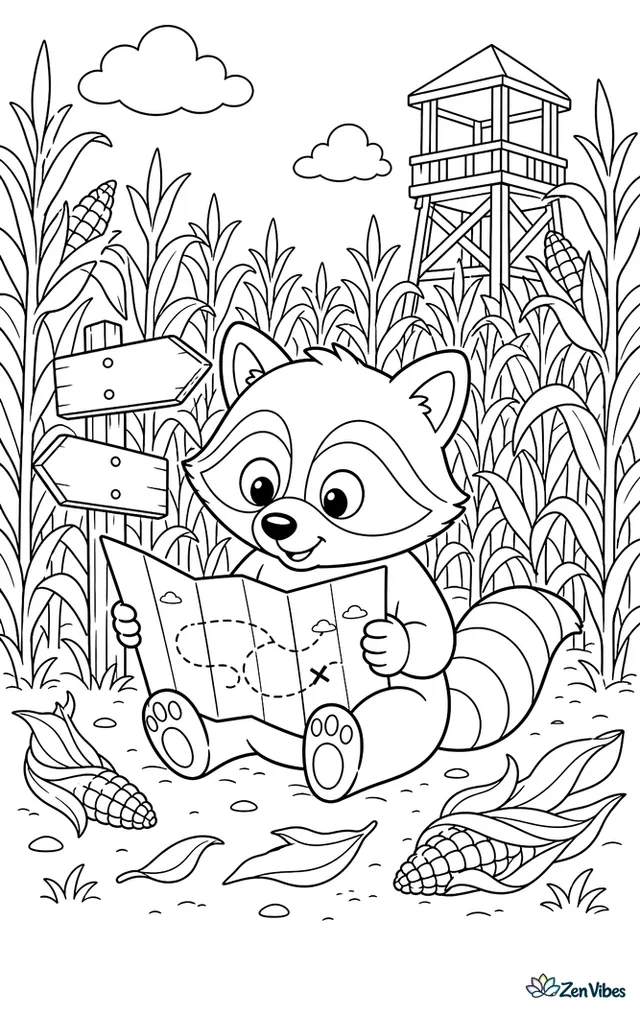 A raccoon studies a paper map inside a corn maze, surrounded by tall stalks, directional signs, scattered husks, and a watchtower rising above the field.