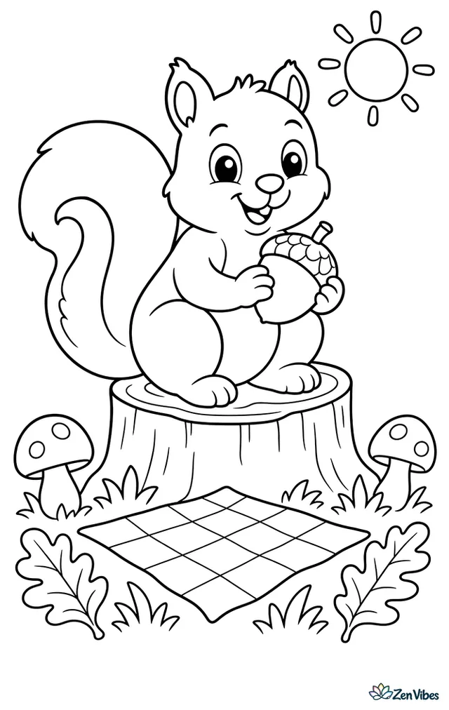 An eastern gray squirrel sits on a tree stump holding an acorn beside a tiny picnic cloth, with scattered oak leaves, two mushrooms, and a grassy clearing under a simple sunny sky.