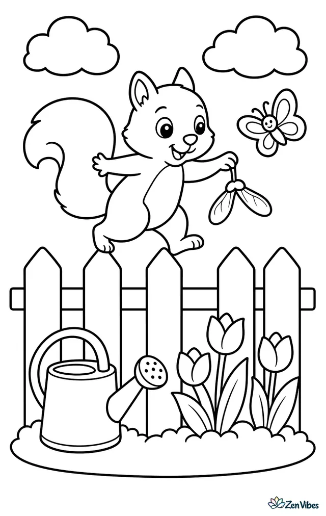 A fox squirrel balances along a wooden garden fence carrying a maple seed, with a watering can, tulips, a fluttering butterfly, and round clouds above a neat backyard lawn.