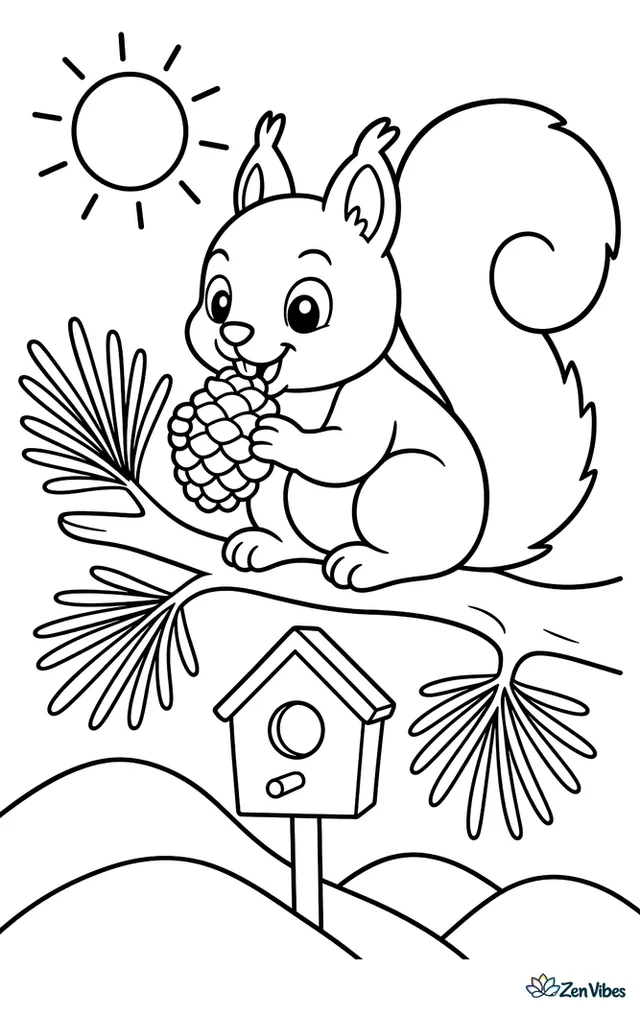 A red squirrel perches on a low pine branch nibbling a pinecone, surrounded by three pine needles clusters, a small birdhouse, rolling hills, and a bright sun.