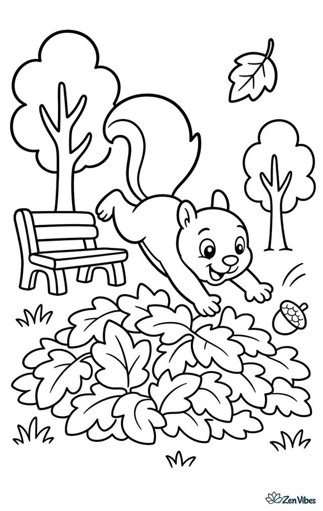 A western gray squirrel jumps into a pile of autumn leaves near a park bench, with a falling leaf, an acorn cap, short grass, and two simple trees nearby.
