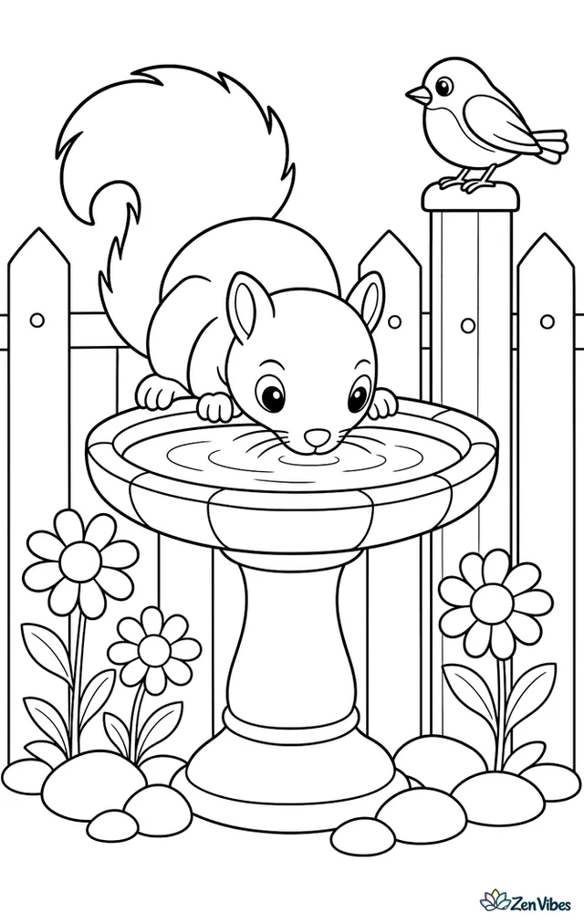 An eastern gray squirrel peeks over the rim of a stone birdbath to sip water, with daisies, smooth pebbles, a wooden fence, and a robin perched on a nearby post.