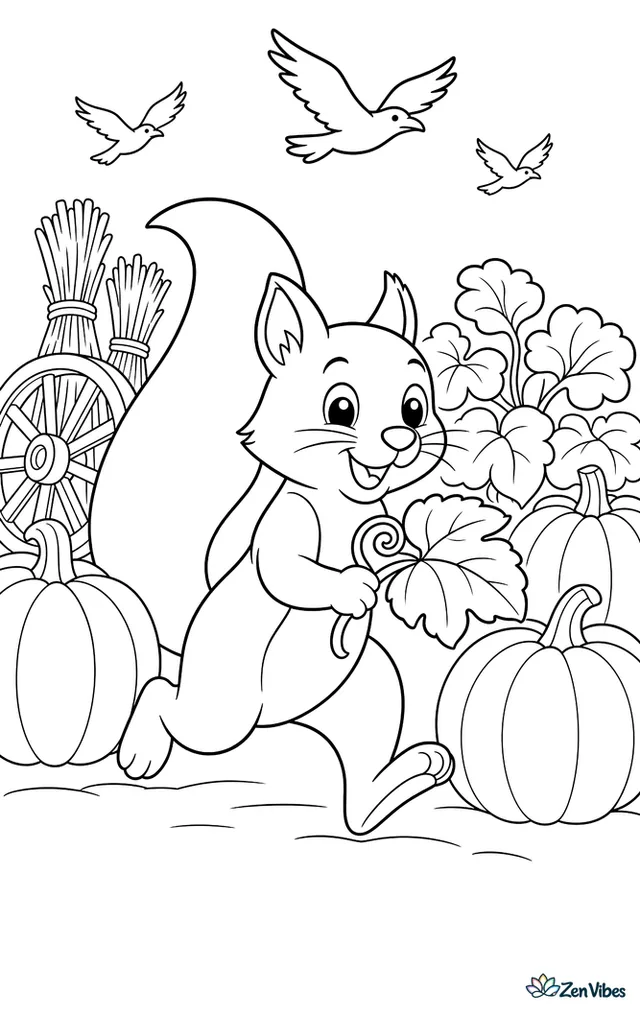 A fox squirrel trots between round pumpkins carrying a curled vine leaf, with straw bundles, a wagon wheel, crows flying far overhead, and rows of broad garden leaves.