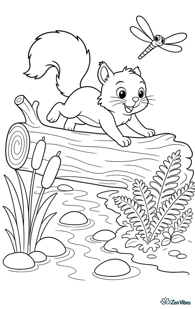 A Douglas squirrel scampers across a fallen log over a shallow creek, with cattails, river stones, a dragonfly, and ferns growing along the muddy bank.