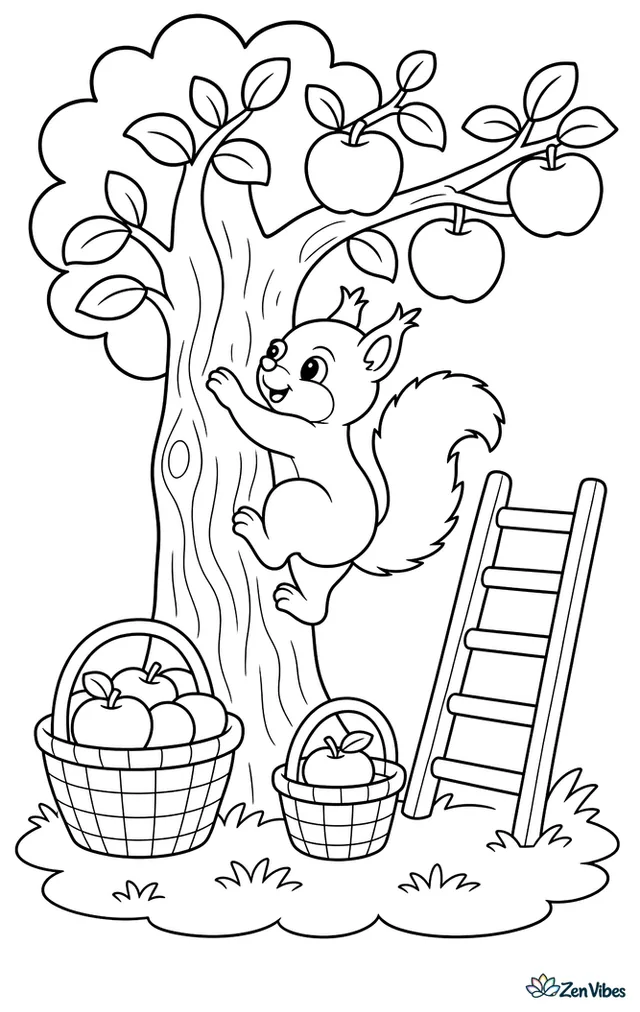 An American red squirrel climbs an apple tree trunk toward a low branch, with hanging apples, a wooden ladder, baskets on the ground, and striped grass below.