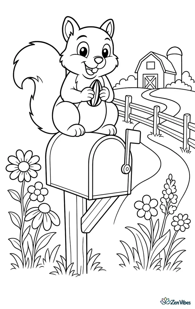 A fox squirrel sits on a country mailbox holding a sunflower seed, with wildflowers along the road, a winding path, a split-rail fence, and distant barn silhouettes.