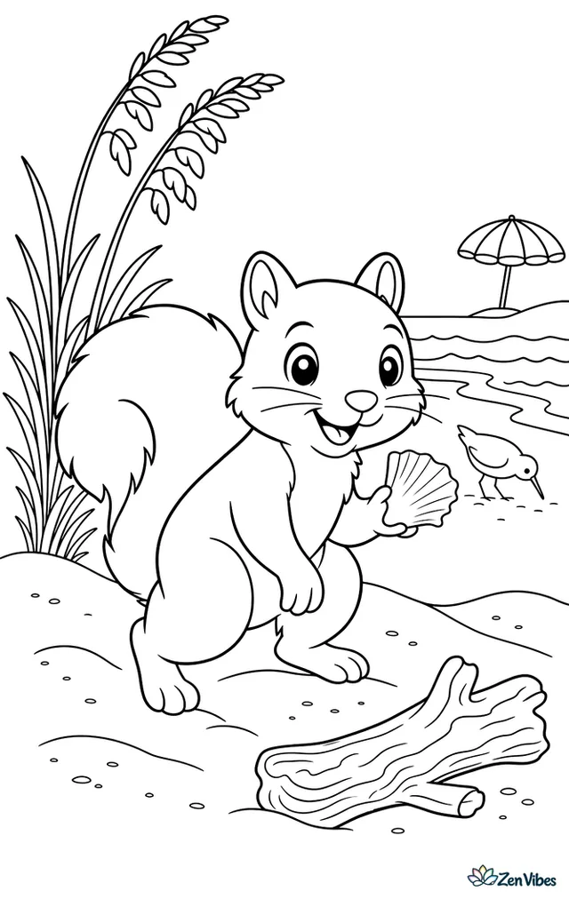 A Delmarva fox squirrel explores sandy dunes beside sea oats, carrying a shell fragment, with driftwood, gentle waves, a sandpiper, and a striped beach umbrella far away.