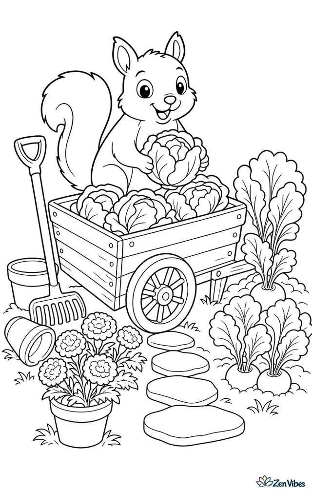 An eastern gray squirrel sits inside a wooden garden cart filled with cabbages, with a rake, clay pots, marigolds, and stepping stones leading through a tidy vegetable patch.