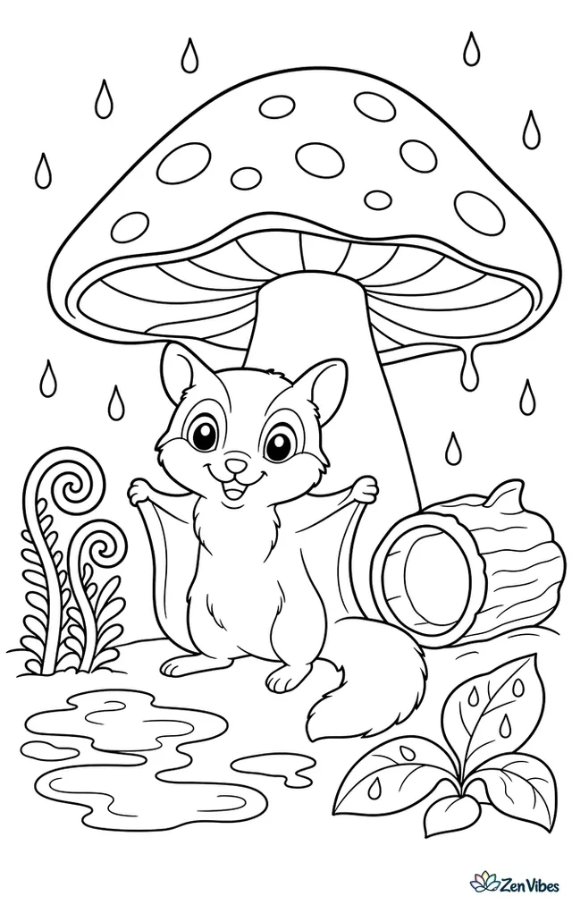 A northern flying squirrel stands beneath a giant mushroom during a light rain, with puddles, curled fern fronds, raindrops on leaves, and a hollow log beside it.