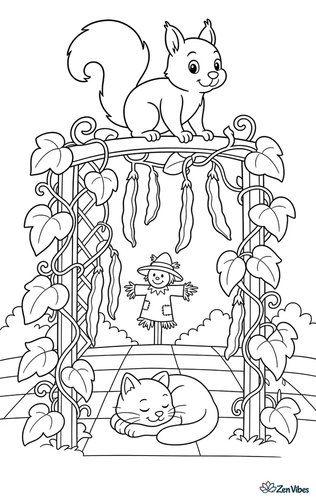 A red squirrel pauses atop a garden trellis wrapped in bean vines, with hanging pods, a scarecrow in the distance, checkerboard paving, and a cat sleeping below.