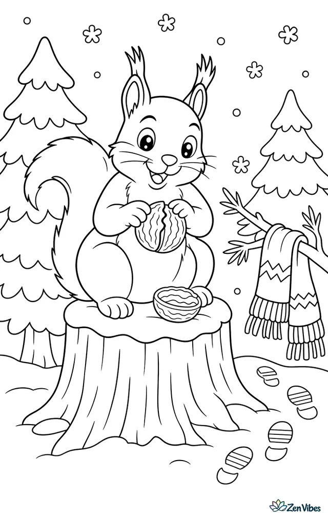 An Abert's squirrel sits on a snow-dusted stump cracking a walnut, with pine trees, a knitted scarf on a branch, boot prints, and soft snowflakes drifting down.