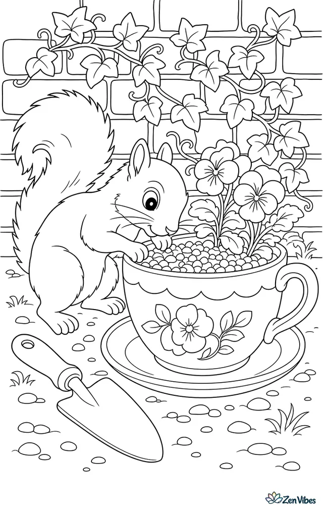 An eastern gray squirrel investigates a large teacup planter for buried seeds, with pansies, a garden trowel, pebbled soil, and a vine-covered brick wall behind.