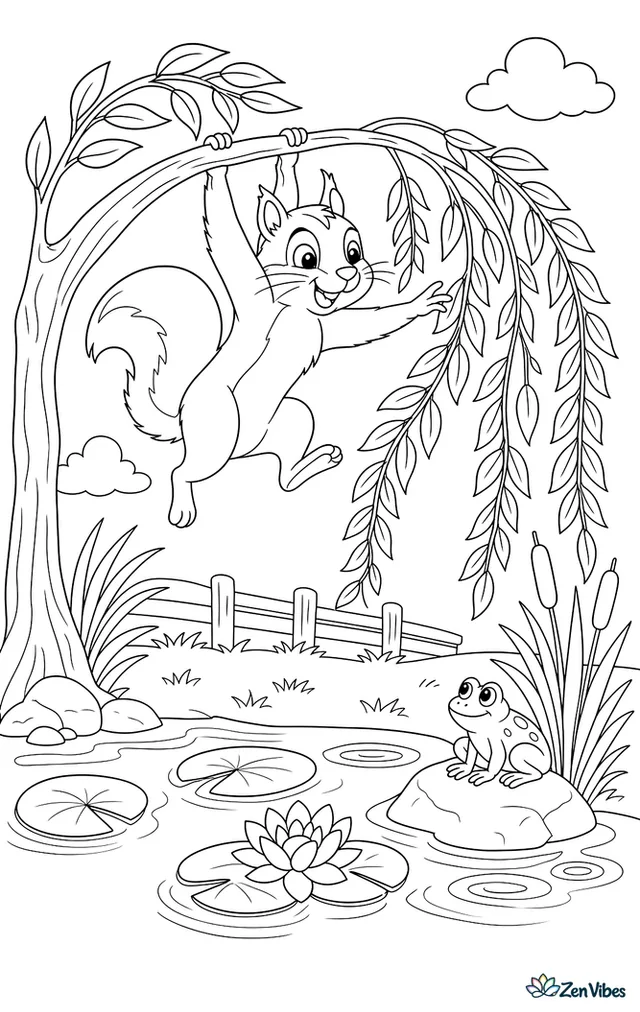 A fox squirrel hangs from a bending willow branch above a pond, reaching for dangling leaves, with lily pads, a frog on a rock, reeds, and ripples below.