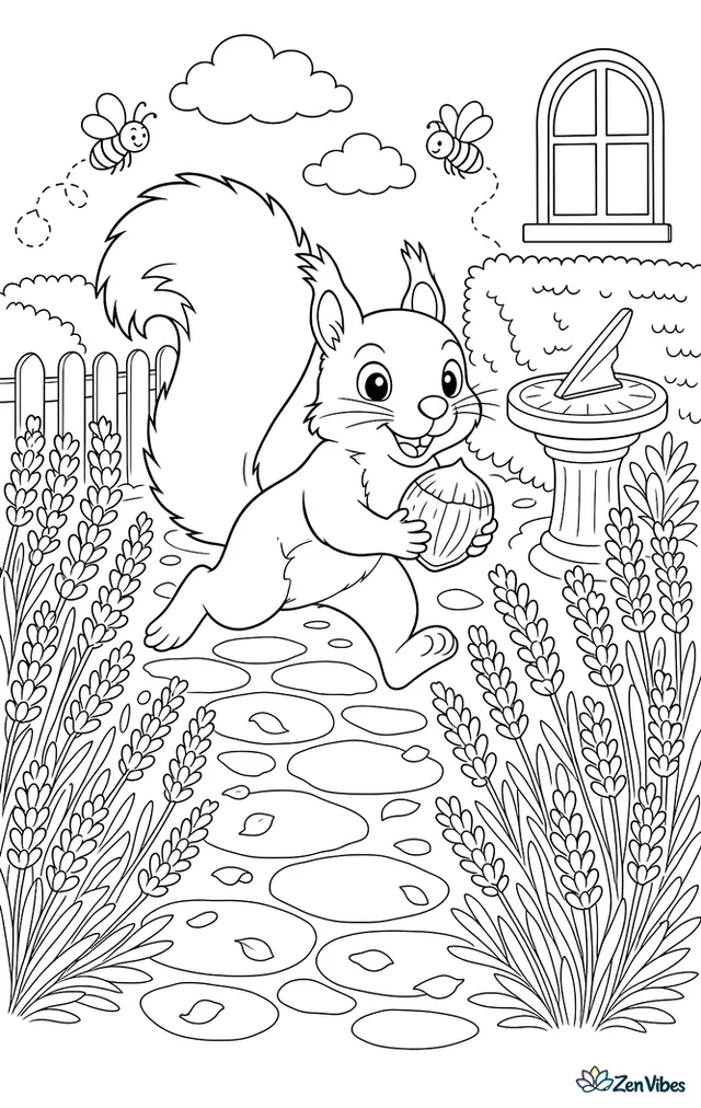 A Eurasian red squirrel dashes along a stone path through tall lavender, carrying a hazelnut, with buzzing bees, a sundial, trimmed hedges, and scattered petals around.