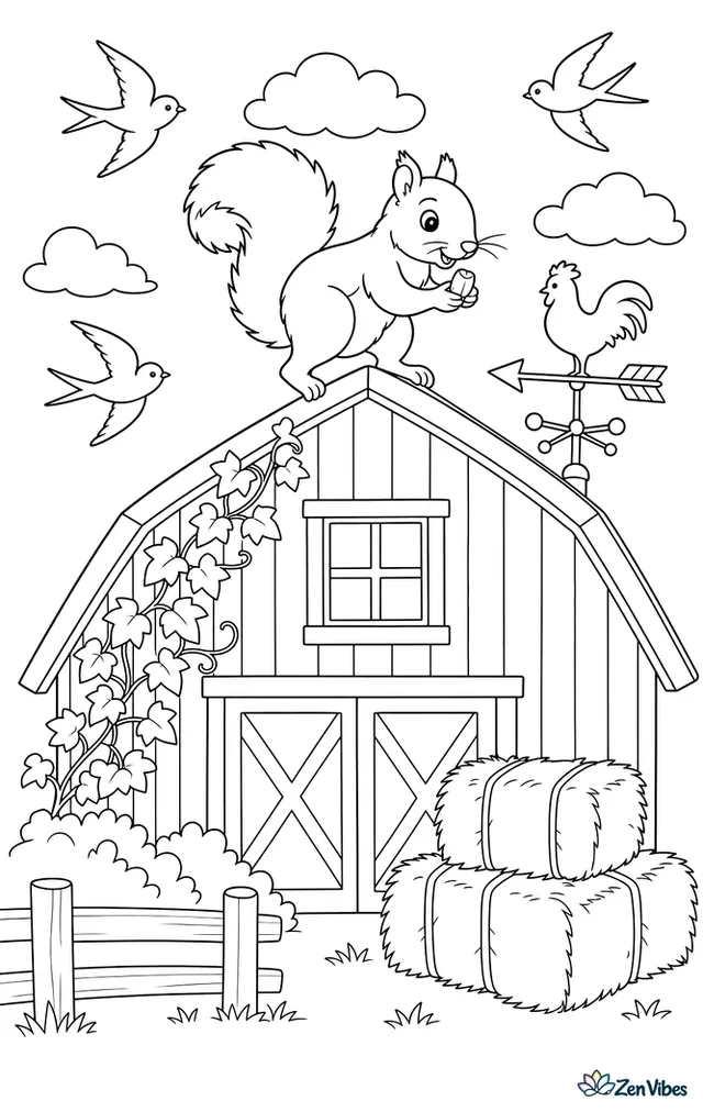 A western gray squirrel balances along a red barn roof ridge with a corn kernel, while weather vanes, hay bales, climbing ivy, and swallows animate the farmyard scene.