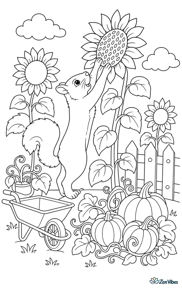 A fox squirrel stretches up a sunflower stalk to reach seeds, surrounded by more sunflowers, a wheelbarrow, a picket fence, curling vines, and a patch of pumpkins.