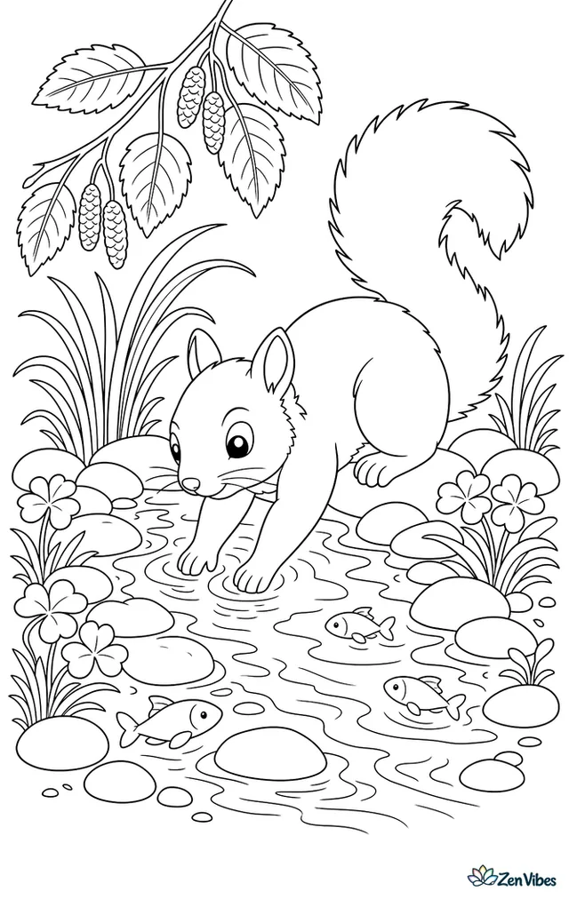 An eastern gray squirrel dips its paws in a shallow brook beside smooth stones, with arching grasses, tiny fish in the water, clover patches, and overhanging alder branches.