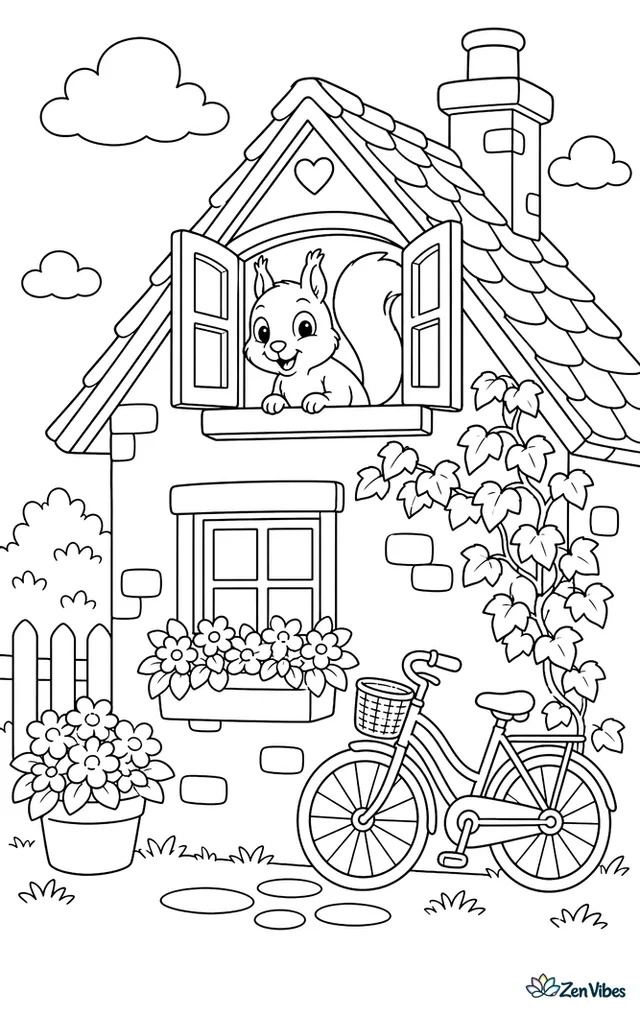 A red squirrel peers from an open attic window of a cottage, with roof shingles, trailing ivy, flower boxes, a chimney pot, and a bicycle leaning near the wall.