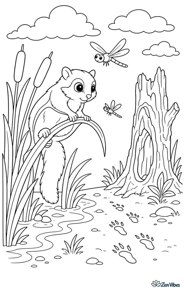 A northern flying squirrel clings to a bent reed at marsh edge near cattails, looking toward a hollow snag, with dragonflies, muddy footprints, and layered clouds above.