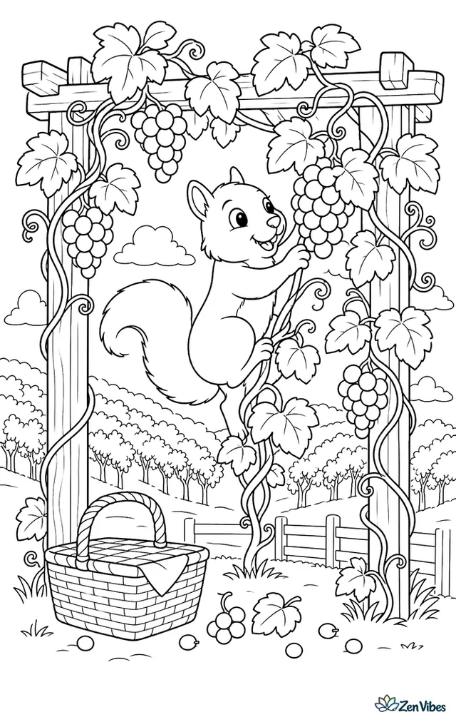A fox squirrel climbs a wooden arbor heavy with grapes, reaching between broad leaves, with a picnic basket, vineyard rows, fallen grapes, and twisting tendrils throughout.