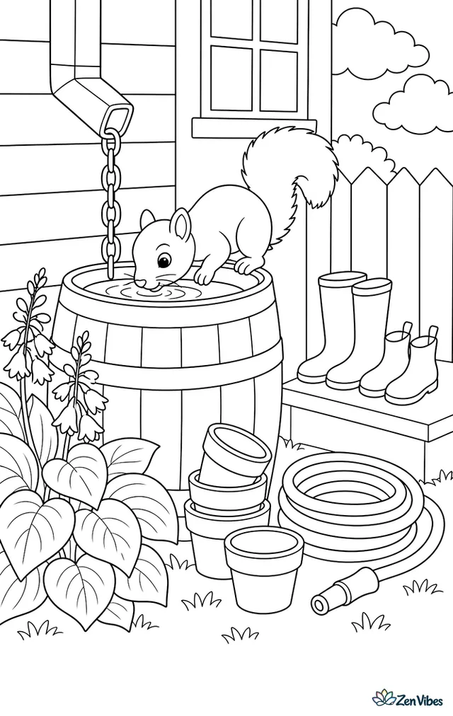 An eastern gray squirrel leans over a rain barrel to drink, with downspout chains, hostas, stacked flowerpots, a coiled hose, and a porch step lined with boots.