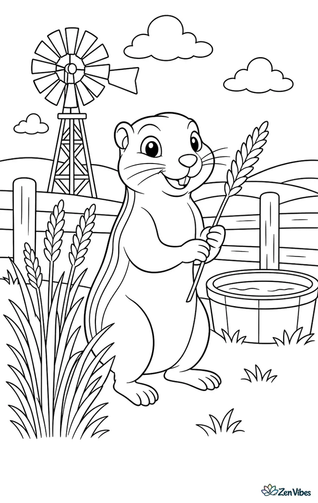 An antelope ground squirrel stands by a patch of wild grass near a farm windmill, holding a seed head, with fence posts, rolling fields, and a watering trough nearby.