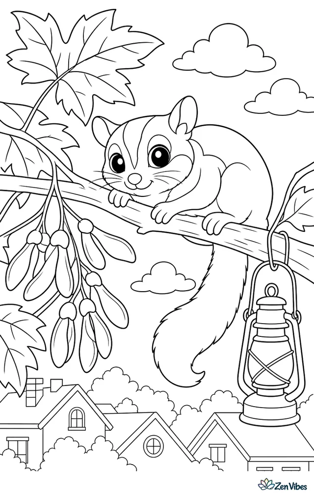 A sugar glider-like northern flying squirrel rests on a maple branch beside a cluster of seed keys, with layered leaves, a hanging lantern, and distant rooftops below.