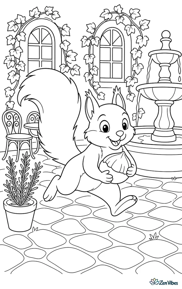 A fox squirrel hops across a cobblestone courtyard carrying a chestnut, with a fountain basin, potted rosemary, wrought-iron chairs, and ivy climbing around arched windows.