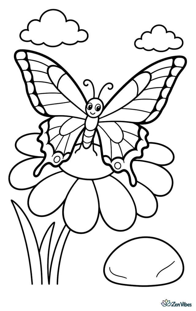 An eastern tiger swallowtail butterfly perches on a large daisy, opening its wings while two grass blades, a smooth rock, and tiny clouds create a cheerful garden scene.